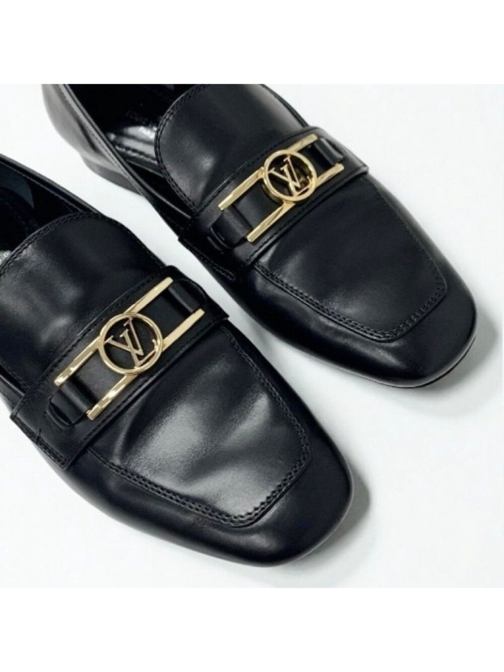 Louis Vuitton Upper Case Line Loafers Leather Shoes Black Gold LV Logo - Picture 9 of 9